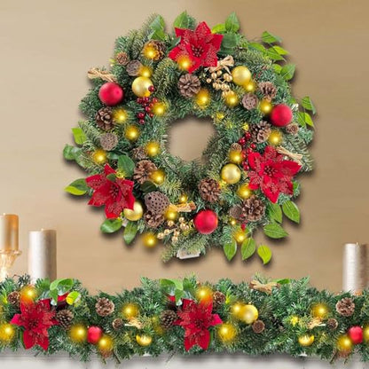 Pre-Lit 6ft Red Gold Christmas Garland with 30 LED Timer Lights - Holiday Decor Variation 03-Red Gold