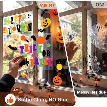 Halloween Gel Window Clings Decor Set - Spooky Ghost Pumpkins and Bats