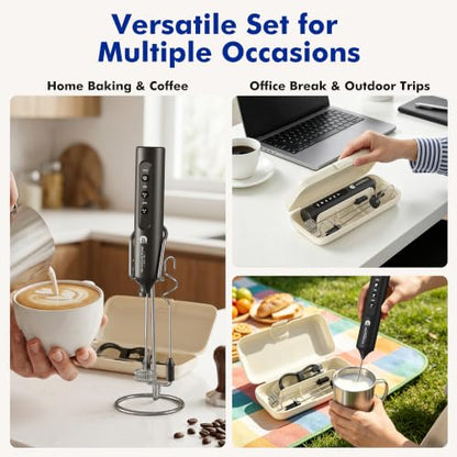 Black Rechargeable Milk Frother with Stand and 4 Whisks – Handheld Mixer for Lattes, Matcha, Eggs & Shakes