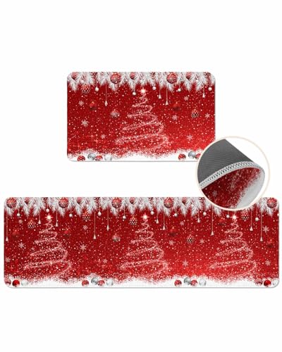 Christmas Kitchen Rugs Set - Red Sparkle Ornaments & White Tree Doormat, Washable Absorbent Floor Mats, 16x24 & 16x47 Inches