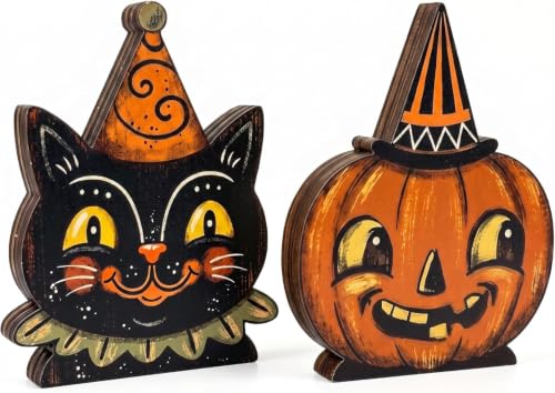 Halloween Wooden Signs Set - Black Cat & Pumpkin Indoor Decor - Variation A