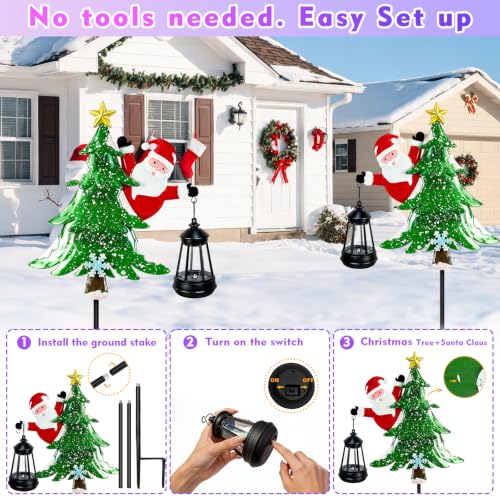 Solar Christmas Tree Stakes with Lantern - Santa & Tree Outdoor Yard Decor (2 Pack)