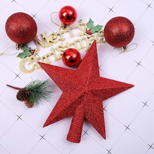 Aneco Red Glitter Christmas Tree Topper 6 Inch Shatterproof Star Treetop