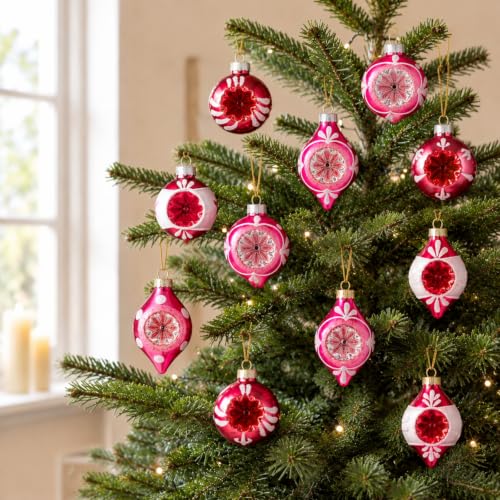 Vintage Christmas Glass Ornaments Set - Retro Pink & White Reflector Balls, 40 Pcs