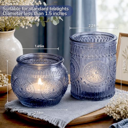 Blue Votive Candle Holders Set - 24 Pack with Vintage Sunflower Pattern
