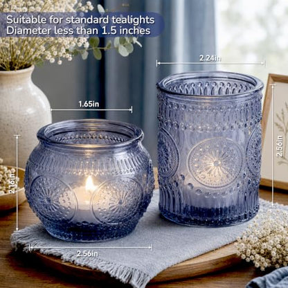 Blue Votive Candle Holders Set - 24 Pack with Vintage Sunflower Pattern