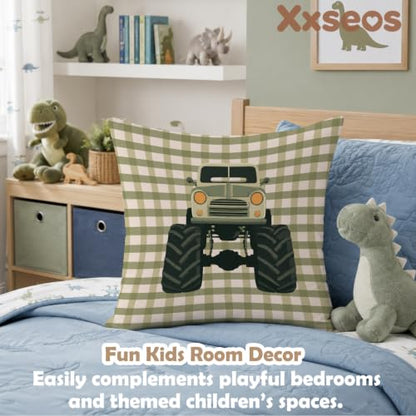 Monster Truck Room Decor Pillow Cover 18x18 Car Green for Boys Bedroom