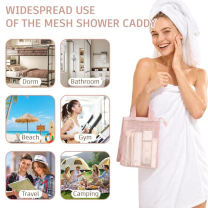 Pink Mesh Shower Bag with Zipper and 3 Pockets - Small Portable Shower Caddy