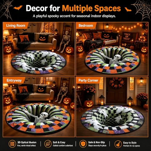 3D Halloween Rug with Skull Variation - Ghost Skeleton Vortex Optical Illusion, Candy Corn Design, Non-Slip, 24 Inch