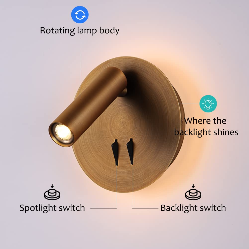 Wall Mount Reading Light for Bed, Backlight Night Wall Lamp, Hardwired Sconce with Switch, Adjustable Wall Sconce Surface Mount Book Reading Lamp,LED Wall Lighting for Bedroom Bedside Lamps (Bronze)