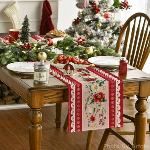 Red 13x36 Inch Printed Lace Floral Table Runner for Home & Party Decor