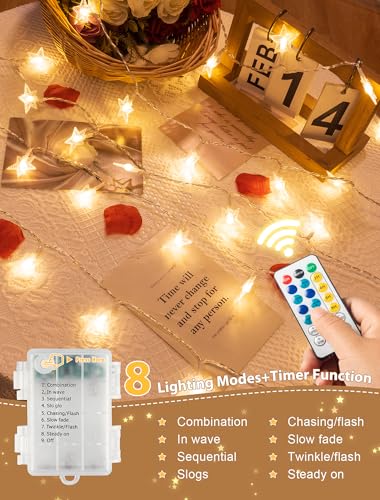 19FT 50 LED Warm White Star String Lights - Battery & USB Powered, Remote Control, Waterproof