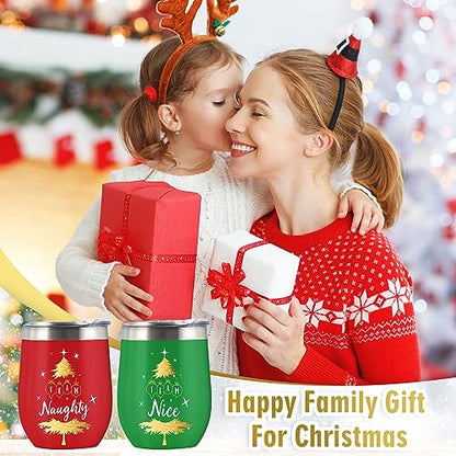Christmas Stainless Steel Wine Tumblers Set with Lid & Straw - Naughty & Nice Team Cups, 12oz