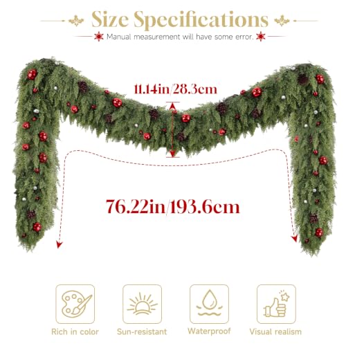 6Ft Artificial Christmas Garland with Pine Cones & Red Balls - Indoor Outdoor Decor