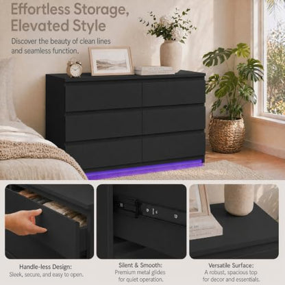 Black 6-Drawer Dresser with LED Light & Charging Station - Variation: Black