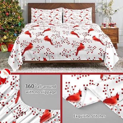 WeCozy Christmas Bird Twin Bed Sheet Set - 3 Pieces, Flat Pillowcase & Deep Pocket Fitted Sheet