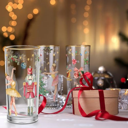 Wonderland Christmas Highball Glasses Set - 15oz Holiday Drinkware with Gold Rim