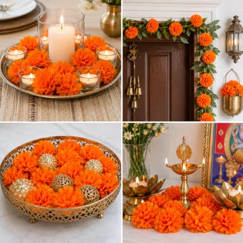Artificial Marigold Flowers Heads for Dia De Los Muertos Decorations - Orange, Bulk 30pcs