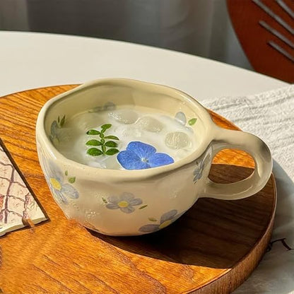 Blue Flower Ceramic Mug - Cute Floral Coffee Cup for Office & Home - 8.5oz