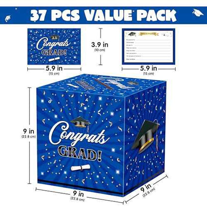 JOYIN 9" Graduation Decorations Card Box with 36 PCS Cards (Blue), Class of 2025 Congrats Grad Box for Grad Party Decoration, Gift Card Money Box Holder for Graduation Party Favor Gifts Supplies
