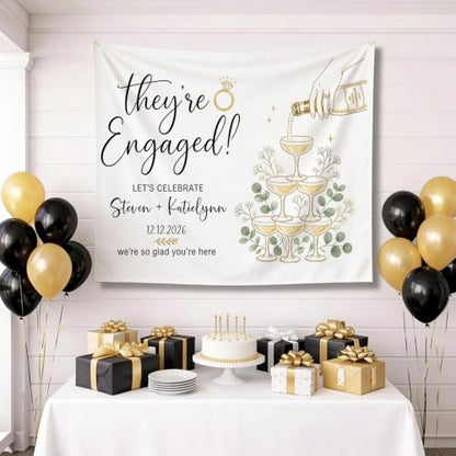 Personalized Engagement Champagne Glasses with Doodles Banner Style 10 - Custom Couple Names & Date