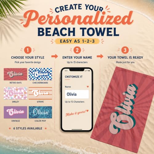 Personalized Beach Towel with Name - Retro Summer Vacation Style 02 - Microfiber, Quick Dry & Sand-Free - Custom Kids & Adults Beach Gift