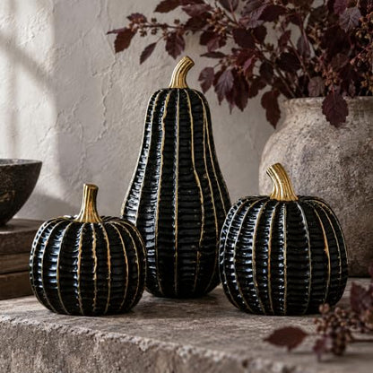 Black & Gold Resin Pumpkin Decorations Set - Fall Halloween Home Accent
