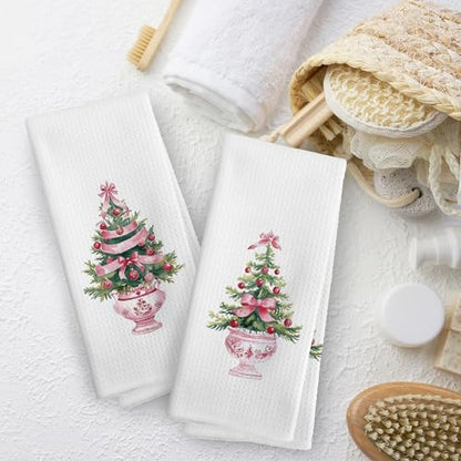 Christmas Chinoiserie-4 Kitchen Towels Set of 2 - Pink Xmas Tree Holiday Dishcloths 16x24 Inches