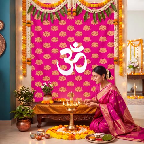 Eaasty 7x5 ft Indian Pooja Lotus Backdrop Decor Om Symbol Tapestry - Pink & Gold