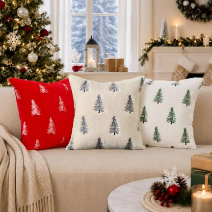 Christmas Pillow Covers 20x20 Set of 2 Blue Xmas Tree Decor Beige - Handmade