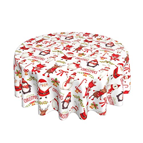Christmas Round Tablecloth 70 Inch - Santa Snowman Winter Holiday Decor - Wipeable Polyester