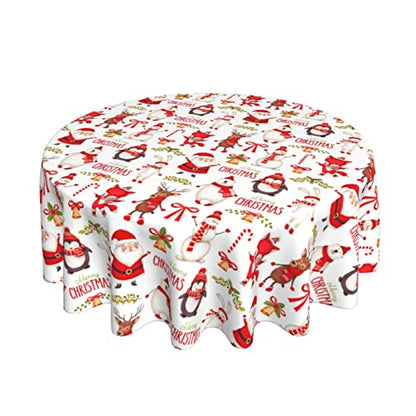 Christmas Round Tablecloth 70 Inch - Santa Snowman Winter Holiday Decor - Wipeable Polyester