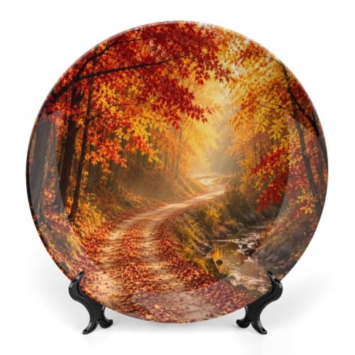 10 Inch Golden Autumn Path Ceramic Decorative Plate with Stand & Wall Hook