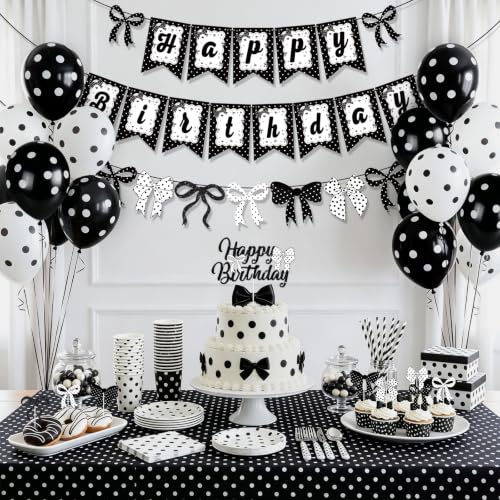 Black and White Birthday Banner and Balloon Set - Polka Dot Party Decorations