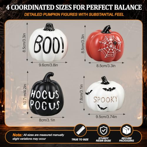Halloween Pumpkin Decor Set - 4 Resin Black, White & Orange Figurines