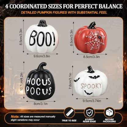 Halloween Pumpkin Decor Set - 4 Resin Black, White & Orange Figurines