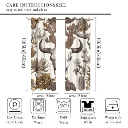 Retro Western Bull Skull Thermal Insulated Grommet Curtains - 21W x 63L Set of 2
