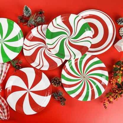 Christmas Candy Paper Plates 48 Count, 9 Inch Peppermint Swirl Party Dinnerware