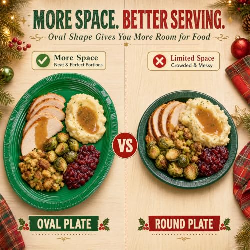 WELLIFE Red & Green Oval Plastic Plates 100 Pack - 12 Inch Disposable Christmas Dinnerware