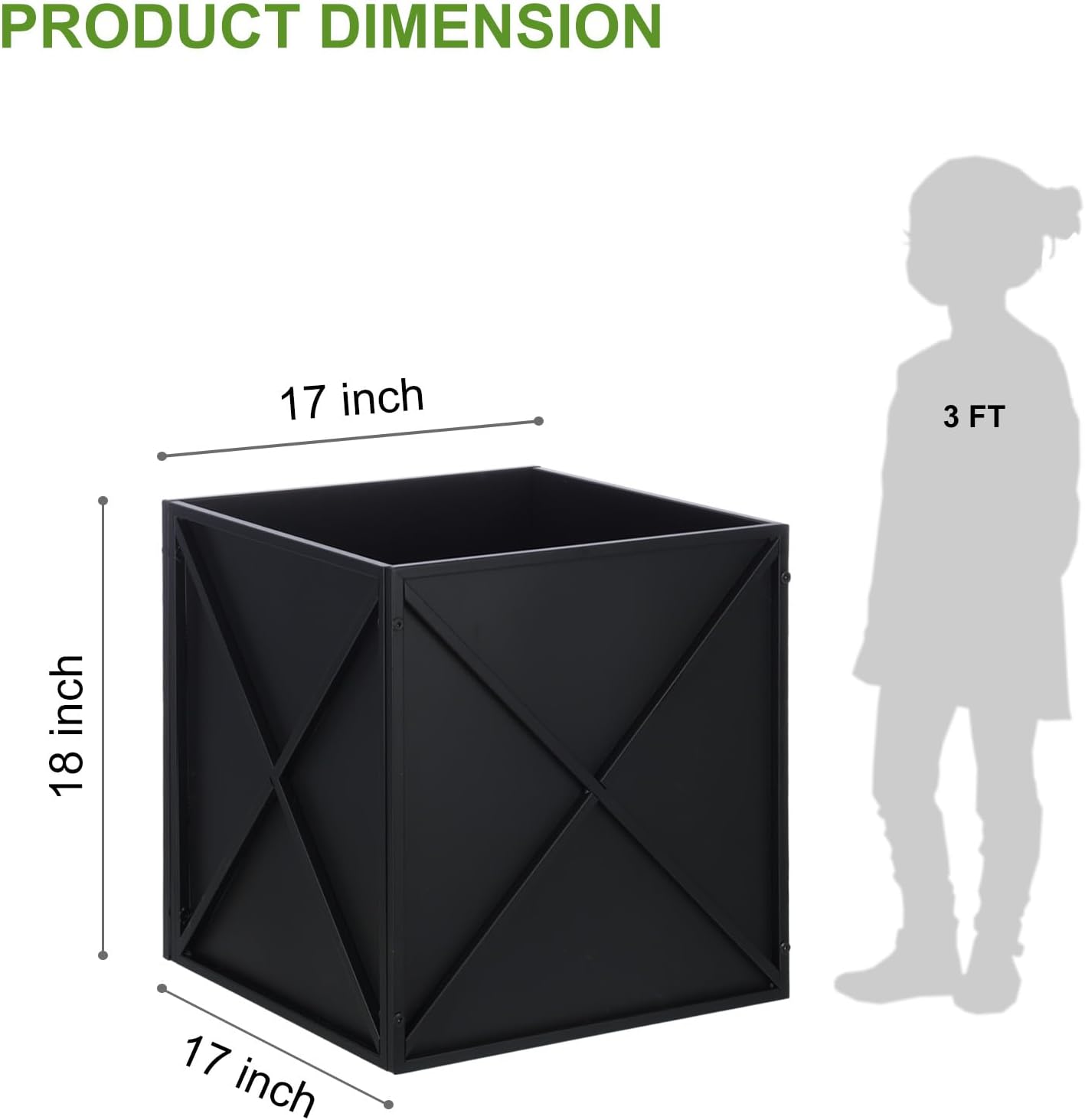 BAYN Metal Square Planter Box - Modern Heavy-Duty Design with Drainage Holes | Black, 17”x17”x18”