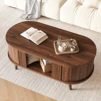 47.2 Inch Oval Fluted Coffee Table with Storage - Walnut, Modern Mid-Century