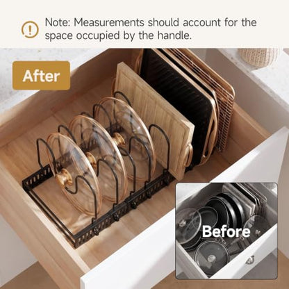 MUDEELA Pot Lid Organizer for Cabinet - Adjustable Baking Pan Rack 7 Slots - 7 Dividers