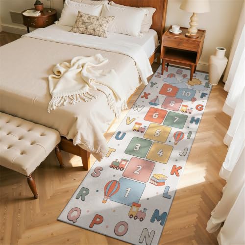 Kids Runner Rug 2x6ft Washable Hallway Carpet with Alphabets and Hopscotch - Color-7