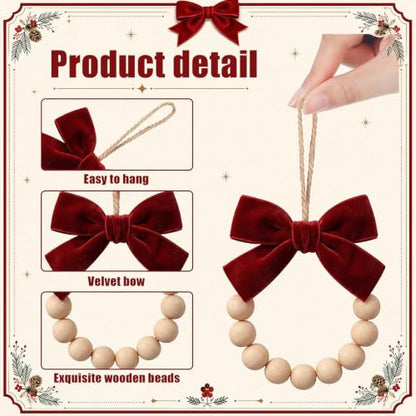 12 Pcs Rustic Wood Bead Wreath Christmas Ornaments with Velvet Bow