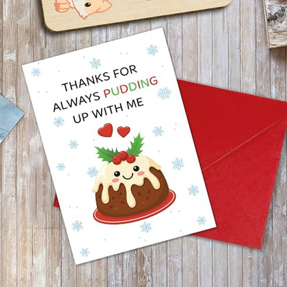 Thanks For Pudding Up With Me Card Xmas18 Funny Food Pun Holiday Card