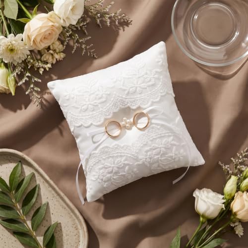 Pearl Ivory Wedding Ring Pillow with Lace and Ribbon Bow for Ceremony