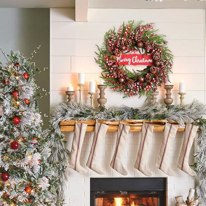 24 Inch Artificial Christmas Wreath Winter Front Door Decor with Pine Cones & Bells