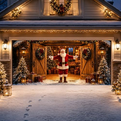 Christmas Garage Door Cover Decorations Santa Welcomes You Home Banner - 16x7 ft, Outdoor Weather-Resistant Fabric, Complete Hanging Kit Included