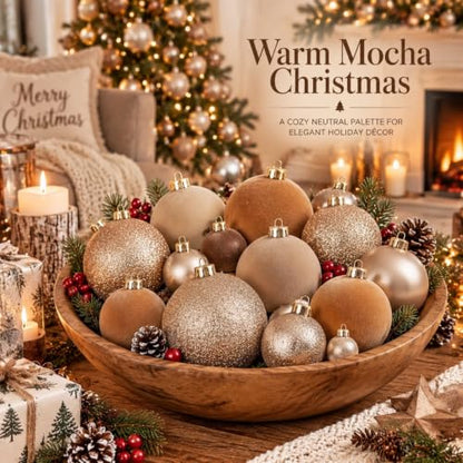 Neutral Christmas Ball Ornaments Set - Vintage Mocha Brown Velvet, Gold Variation