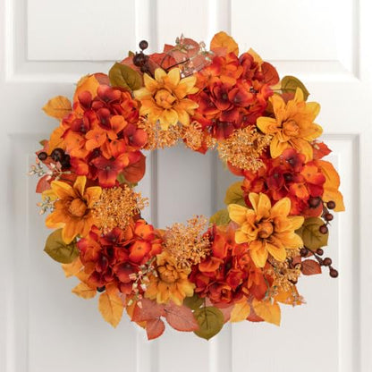 20 Inch Fall Orange Wreath with Red & Orange Accents for Front Door - Autumn Decor
